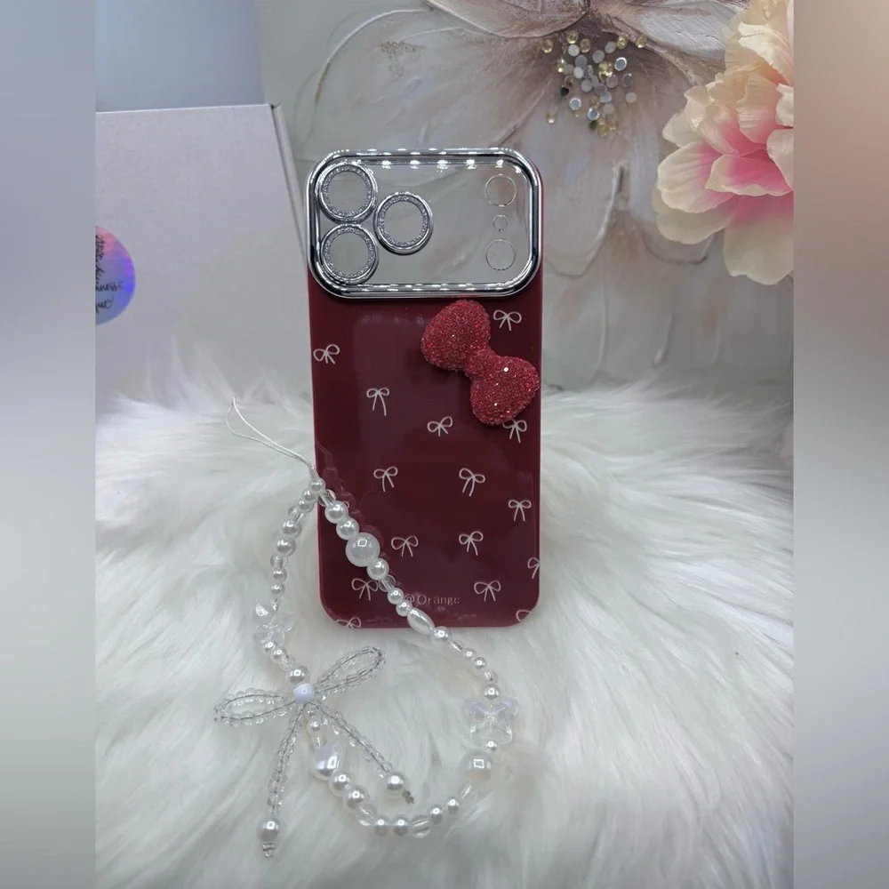 Chic iPhone 17 Pro Max  Bow Theme Wine Case w/ bows design & matching bead charm